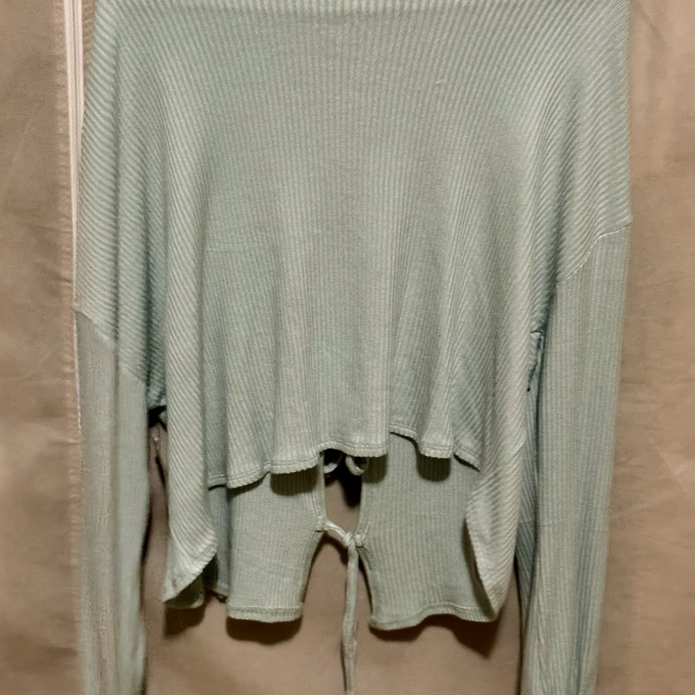 Light Green Ribbed Tie-Front Cardigan - Picture 2 of 2